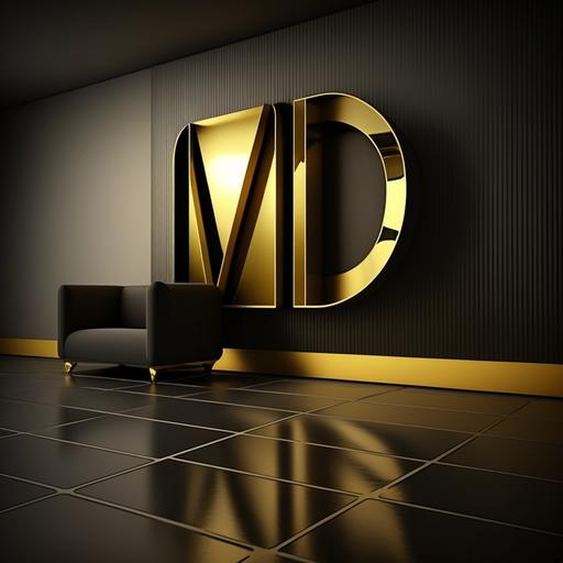 MD logo, gold, black infinite room, spot light, sleek, modern