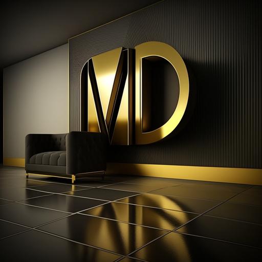 MD logo, gold, black infinite room, spot light, sleek, modern