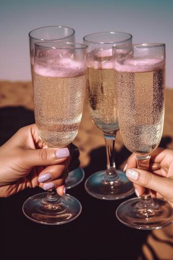 glitter champagne glass toast 4 people, summer vibes, natural light --ar 2:3 --q 2 --v 5