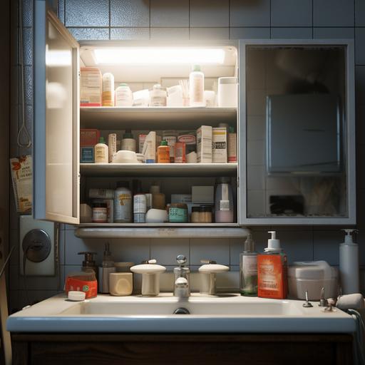 MEDICINE CABINET, bathroom scene, apply contrast, realism, mega ultra full HD, photorealistic camera, cute, 8k, photorealistic, perfect cinematic light, volumetric, chiaroscuro, award-winning photography, Realistic cinema photography, cinema, bokeh, professional and highly detailed.