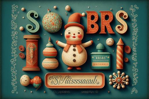 MERRY CHRISTMAS, SPICE, ERBS, VINTAGE TOY, snowman, TOY, pattern vintage illustration, colorfull. --ar 3:2 --v 4