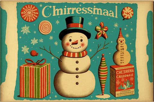 MERRY CHRISTMAS, SPICE, ERBS, VINTAGE TOY, snowman, TOY, pattern vintage illustration, colorfull. --ar 3:2 --v 4
