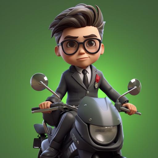 Cartoon character wearing motorcycle helmet, Asian male youth 35 years old, Moxigan hairstyle, round face, glasses, riding green Kawasaki Z400 motorcycle, wearing black suit, white shirt, blue tie, back leather backpack, 3D model, motorcycle raised head expression, cold Pixar style