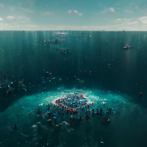 thousands of people swimming in the ocean with life guards and swimming ducks, in the very blue waters,upper view in very high cinematic definition,octane render