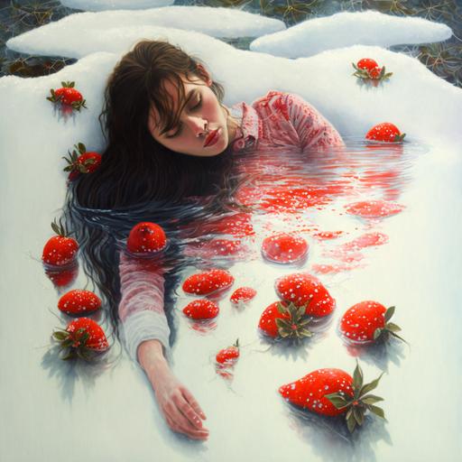 Girl lies in the river, grass ripples in the water, the sun melts the snow, ice and strawberries float on water