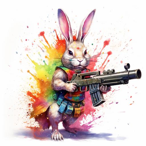 Machine Gun Rabbit firing rainbow bullets, Pride Title, white background