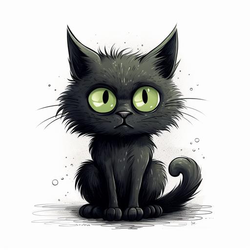 Madcat little black sneeky cat drawing cartoon style, green eyes big soft paws, big eyes