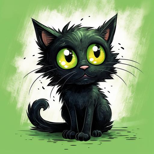 Madcat little black sneeky cat drawing cartoon style, green eyes big soft paws, big eyes