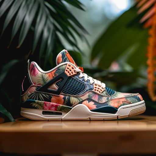 product photography of close up of highly detalied tropical puerto rico print with nubuck fabric, crystal amphora NIKE SB X AIR JORDAN 4 RETRO sneakers inside white room, high optical quality, commercial photoshoot, 3 point lighting, depth of field, --q 2 --v 5 --uplight --s 750 --q 2 --v 5 --uplight --s 750