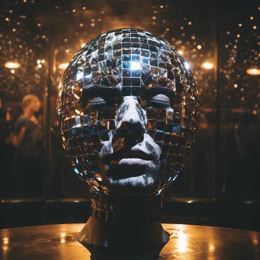 a disco nightclub mirror ball with the shape of a human face
