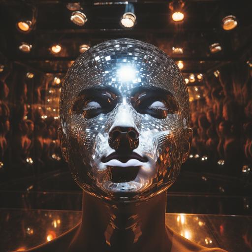 a disco nightclub mirror ball with the shape of a human face