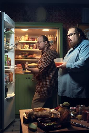 Magazine title. A modern eat-in kitchen at night. A fat nerd with a beard who looks like Jack Black meets a thin man in pajamas in front of the open refrigerator. Both are frightened. Hasselblad H6D-100c, studio light, global illumination --ar 2:3