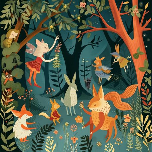 Magic Forest Poster: mystical poster with forest creatures, fairies and elves to develop children's imagination, bright colour, symbolism style, minimalism style, poster style --v 6.0 --s 50