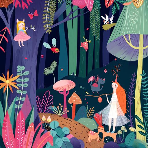 Magic Forest Poster: mystical poster with forest creatures, fairies and elves to develop children's imagination, bright colour, symbolism style, minimalism style, poster style --v 6.0 --s 50