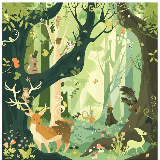 Magic Forest Poster: mystical poster with forest creatures, fairies and elves to develop children's imagination, bright colour, symbolism style, minimalism style, poster style --v 6.0 --s 50