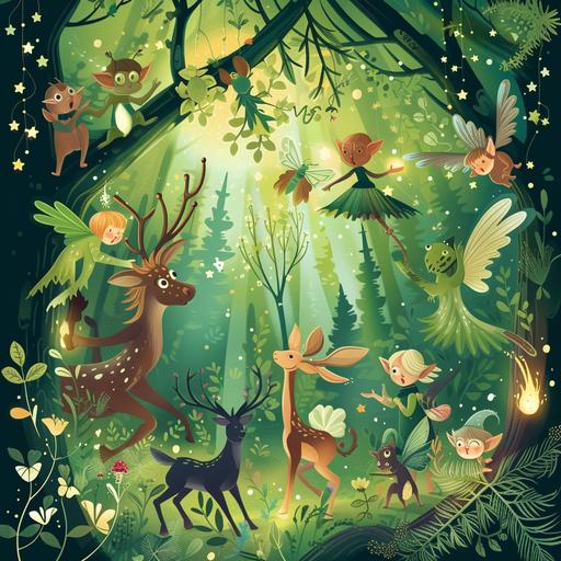 Magic Forest Poster: mystical poster with forest creatures, fairies and elves to develop children's imagination, bright colour, symbolism style, minimalism style, poster style --v 6.0 --s 50