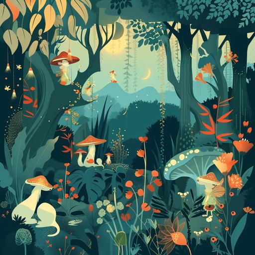 Magic Forest Poster: mystical poster with forest creatures, fairies and elves to develop children's imagination, bright colour, symbolism style, minimalism style, poster style --v 6.0 --s 50