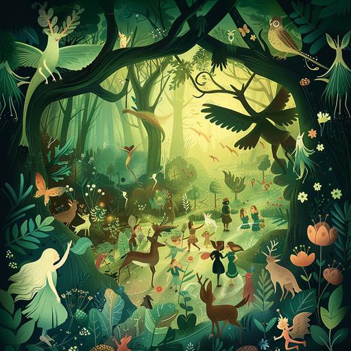 Magic Forest Poster: mystical poster with forest creatures, fairies and elves to develop children's imagination, bright colour, symbolism style, minimalism style, poster style --v 6.0 --s 50