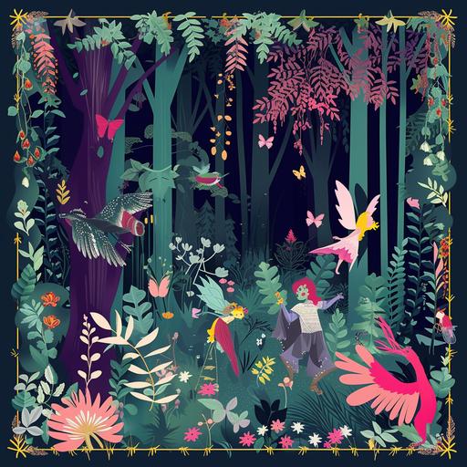 Magic Forest Poster: mystical poster with forest creatures, fairies and elves to develop children's imagination, bright colour, symbolism style, minimalism style, poster style --v 6.0 --s 50