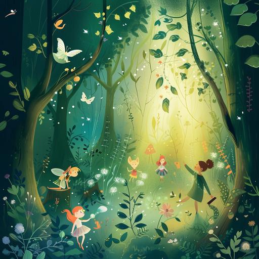 Magic Forest Poster: mystical poster with forest creatures, fairies and elves to develop children's imagination, bright colour, symbolism style, minimalism style, poster style --v 6.0 --s 50