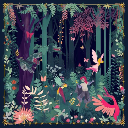 Magic Forest Poster: mystical poster with forest creatures, fairies and elves to develop children's imagination, bright colour, symbolism style, minimalism style, poster style --v 6.0 --s 50