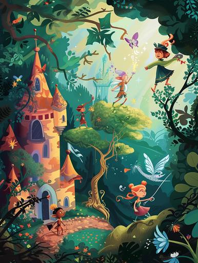 Magic World Poster: poster with cartoon characters, fairies and elves to develop children's imagination, bright colour, symbolism style, minimalism style, poster style, --ar 3:4 --v 6.0 --s 50