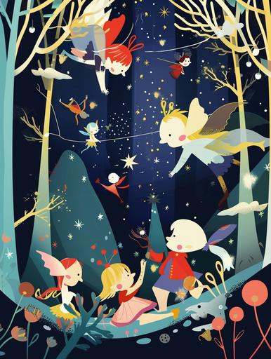 Magic World Poster: poster with cartoon characters, fairies and elves to develop children's imagination, bright colour, symbolism style, minimalism style, poster style, --ar 3:4 --v 6.0 --s 50