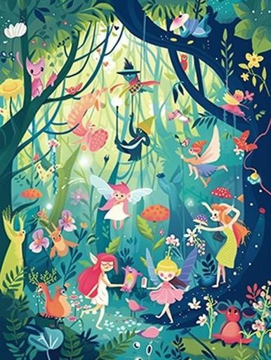 Magic World Poster: poster with cartoon characters, fairies and elves to develop children's imagination, bright colour, symbolism style, minimalism style, poster style, --ar 3:4 --v 6.0 --s 50