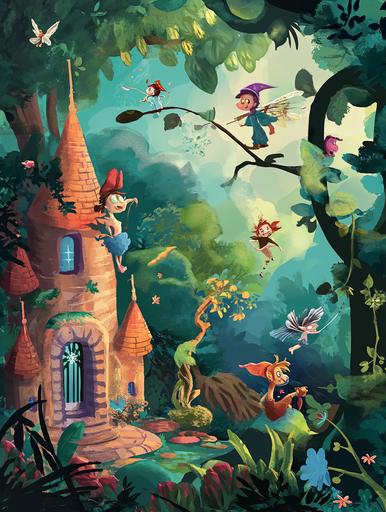 Magic World Poster: poster with cartoon characters, fairies and elves to develop children's imagination, bright colour, symbolism style, minimalism style, poster style, --ar 3:4 --v 6.0 --s 50