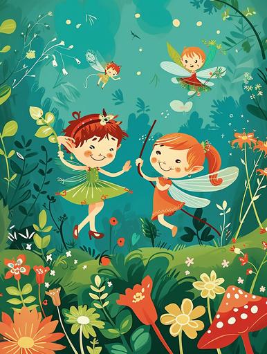 Magic World Poster: poster with cartoon characters, fairies and elves to develop children's imagination, bright colour, symbolism style, minimalism style, poster style, --ar 3:4 --v 6.0 --s 50