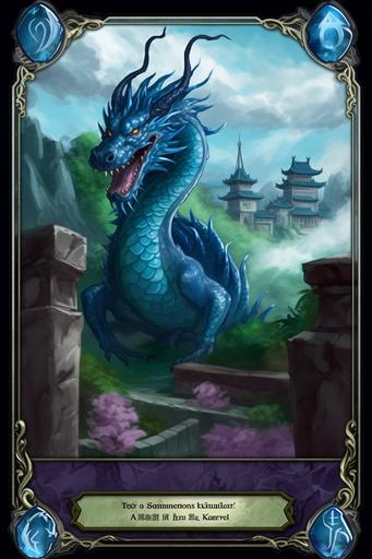 Magic card with suburban of Chinese city with blue dragon and head death icon (black), small title with chinese symbol, hightly detailed, high quality, illustration, digital painting --ar 2:3 --v 5