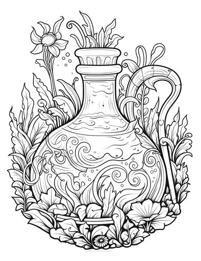 Magic potion bottle with boho labels, Boho coloring page, 2d outlined, clean and thick lines, black background, less elements:: : Coloring Page --ar 17:22