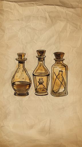 Magic potion bottles drawn on paper brown --ar 9:16