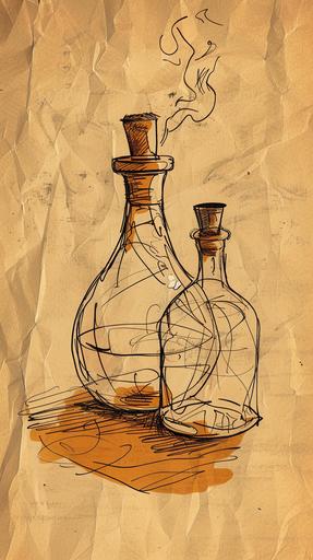 Magic potion bottles drawn on paper brown --ar 9:16
