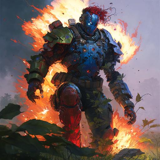 Magic the gathering art, painting, high quality, highly detailed, official art, a male soldier in a full blue, red and white battlesuit, strings of energy leaving his body, in a green battlefield