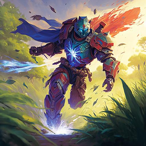 Magic the gathering art, painting, high quality, highly detailed, official art, a male soldier in a full blue, red and white battlesuit, strings of energy leaving his body, in a green battlefield