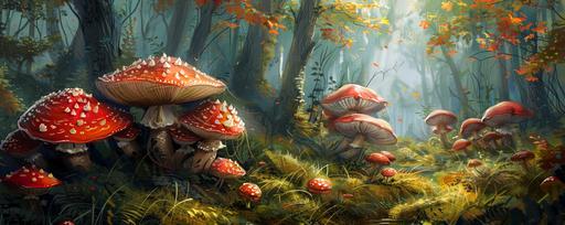 Magical Mushroom Forest , Narnia, Painted, Simple, Illustration, Concept Art, Character Design --ar 5:2