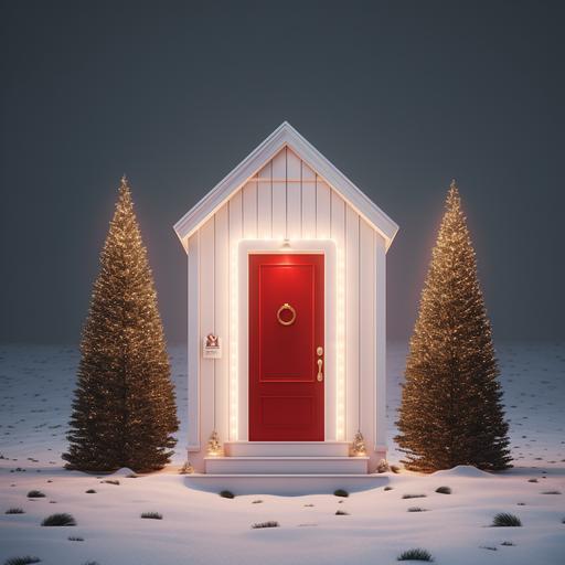 Magical glowing white light. a Red Door. A Christmas Tree. Minimal style.