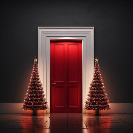 Magical glowing white light. a Red Door. A Christmas Tree. Minimal style.