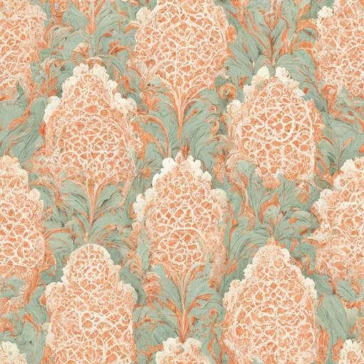 2d flat wallpaper pattern, elegant damask wallpaper, brocade wallpaper, peach, coral, beige, aquamarine, seafoam green, lincrusta, intricate, seamless repeating pattern, detailed, half drop, symmetrical tiled patterns, repeats, seamless texture, tileable texture, repetitive, consistent --tile --ar 1:1