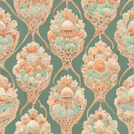 2d flat wallpaper pattern, elegant damask wallpaper, brocade wallpaper, peach, coral, beige, aquamarine, seafoam green, lincrusta, intricate, seamless repeating pattern, detailed, half drop, symmetrical tiled patterns, repeats, seamless texture, tileable texture, repetitive, consistent --tile --ar 1:1