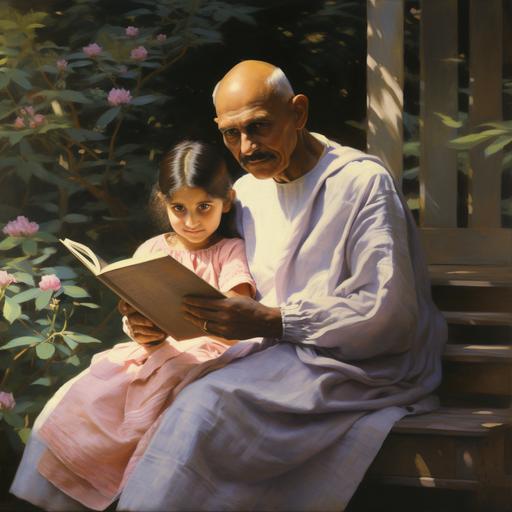 Mahatma Gandhi with niece reading a book,she sitting on his lap .Pre-Raphaelitism