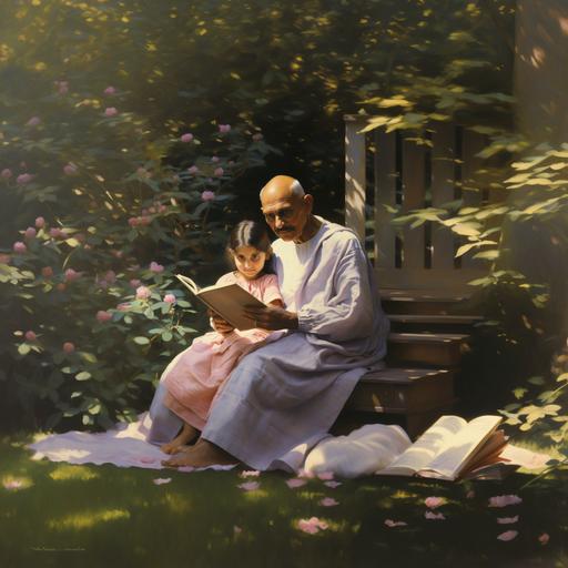 Mahatma Gandhi with niece reading a book,she sitting on his lap .Pre-Raphaelitism