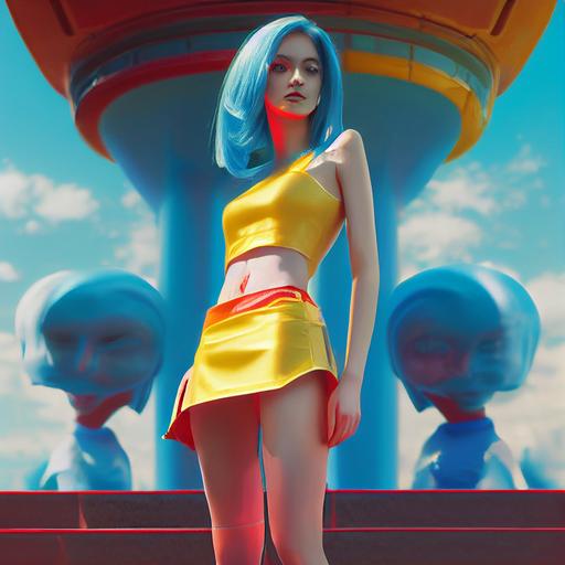 imagine a gorgeous young blue alien woman, ultra realistic, 8K, future city, red mini skirt, yellow crop shirt, white heel shoes, full body, outdoors 🪞 --test --creative