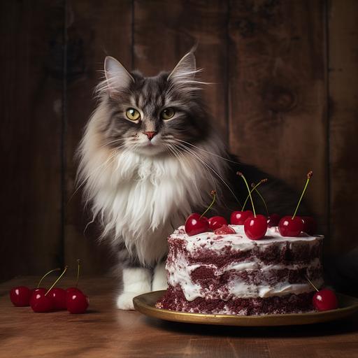 Maine coon cat with a Black Forest cake