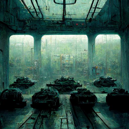 Maintenance Facilities, Room full of military tanks, Science Fiction, Bleak