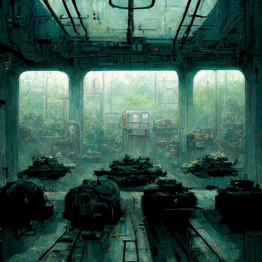 Maintenance Facilities, Room full of military tanks, Science Fiction, Bleak
