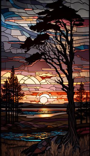 Majestic Plains, Sunset, Tom Thomson, Stained Glass --ar 4:7 --v 4
