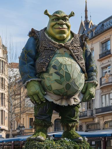 Majestic colossal sculpture of a refined, sophisticated and elegant green ogre Shrek in motion, dressed in art deco clothing, in the style of Alfons Mucha, in the center of the main city square,meticulously detailed --ar 3:4 --v 6.0 --style raw