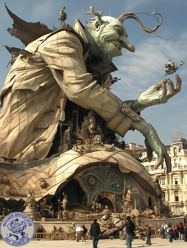 Majestic colossal sculpture of a refined, sophisticated and elegant green ogre Shrek in motion, dressed in art deco clothing, in the style of Alfons Mucha, in the center of the main city square,meticulously detailed --ar 3:4 --s 750 --niji 6 --style raw